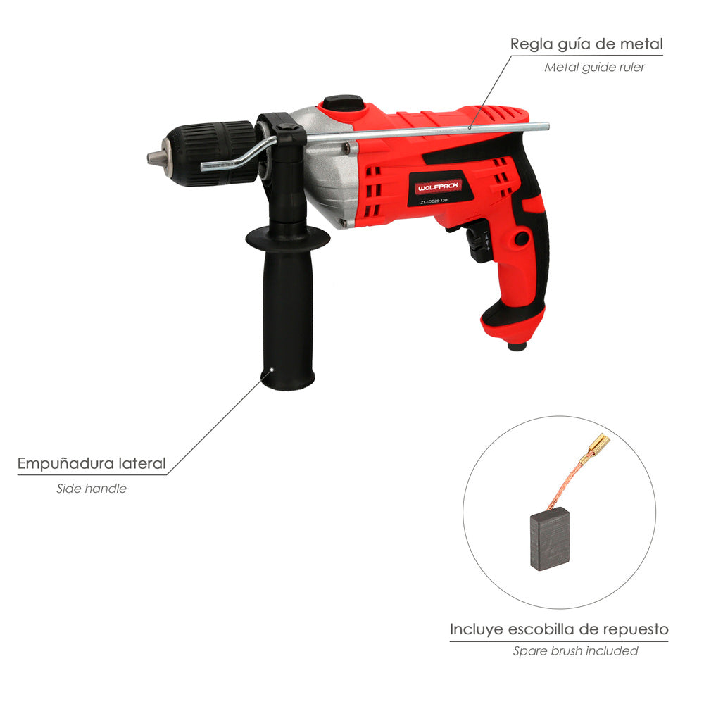 Taladro Percutor Con Variador de Velocidad 1050 Watt. Incluye Maletín, Empuñadura y Guia Metalica.