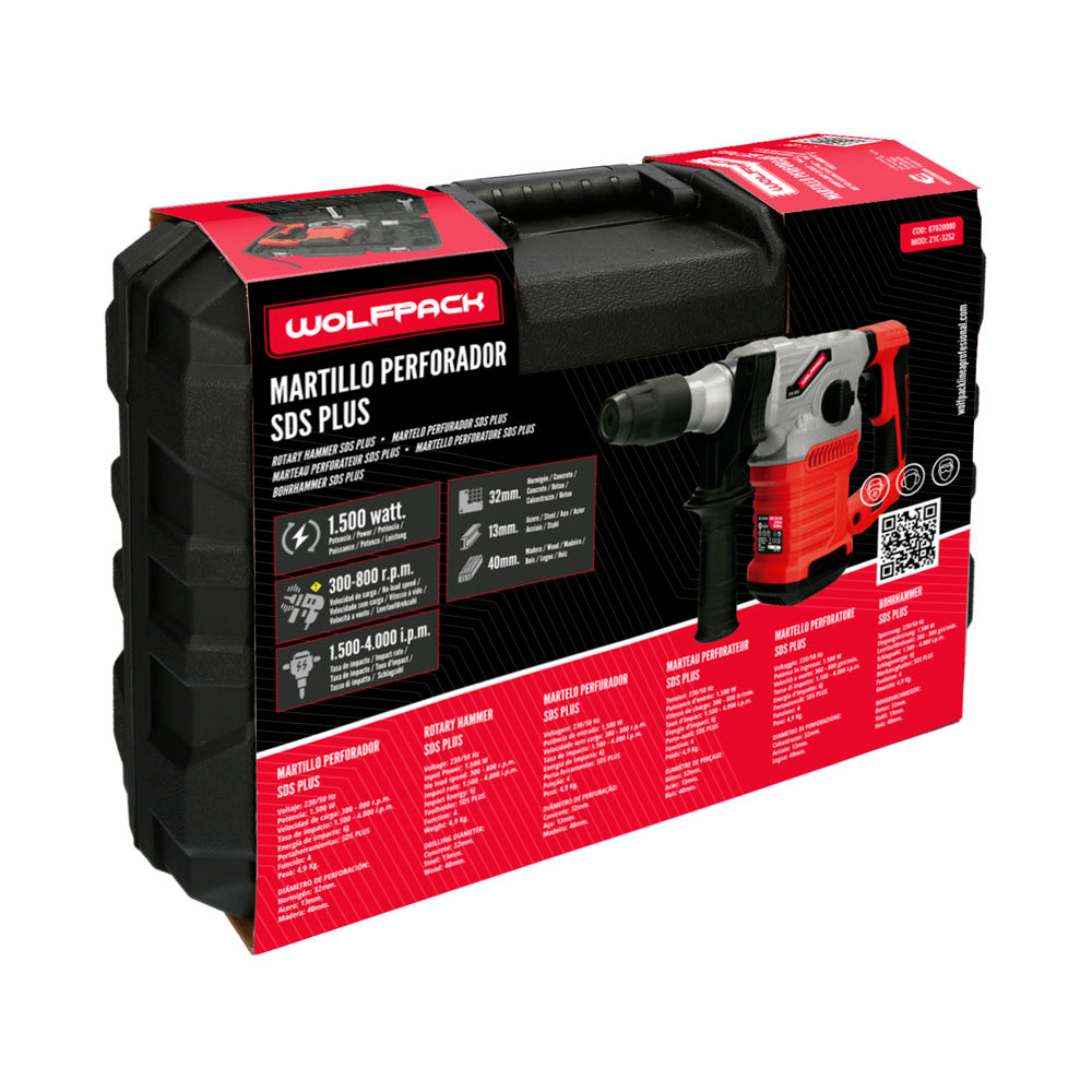 Martillo Demoledor Perforador SDS PLUS 1.500 Watt. Con Accesorios y Maletin. 4.000 IPM 6 Julios.