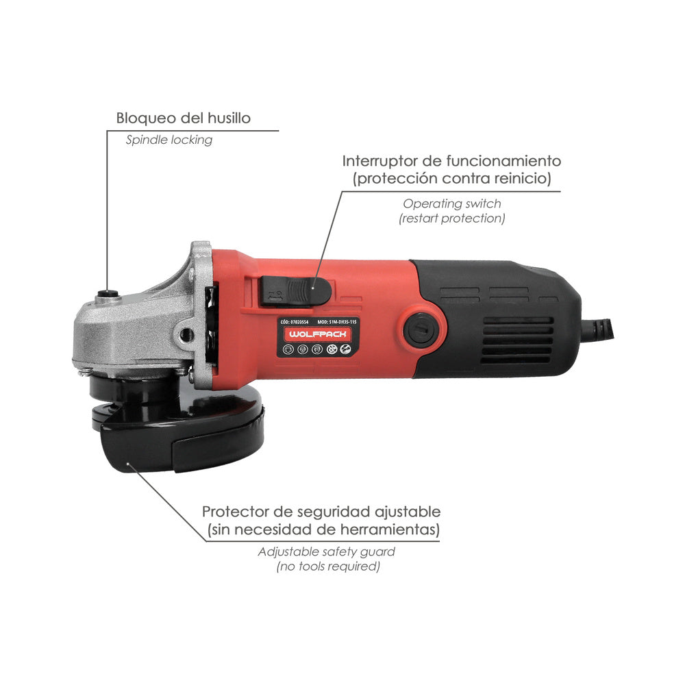Amoladora 500 Watt. Ø 115 mm. 12.000 R.P.M. Eje M14 Protector Disco Ajustable, Anti arranque