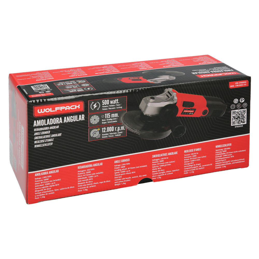 Amoladora 500 Watt. Ø 115 mm. 12.000 R.P.M. Eje M14 Protector Disco Ajustable, Anti arranque