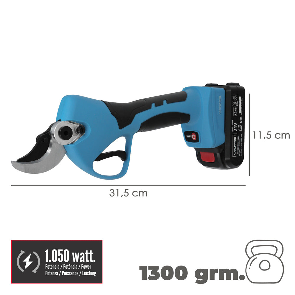 Tijeras Podar A Bateria 21 Volt. Con 2 Baterias 2 A/h Mango Engomado, Ø Corte 40 mm.Con Maletín