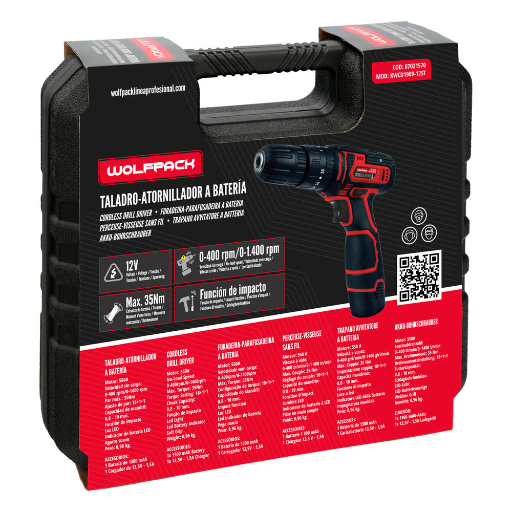 Taladro Atornillador 12 V. Con 2 Velocidades y Percutor. Bateria 1.300 mAh. Par Apriete 35 Nm.