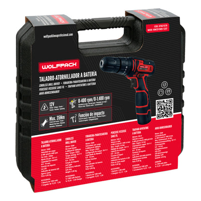 Taladro Atornillador 12 V. Con 2 Velocidades y Percutor. Bateria 1.300 mAh. Par Apriete 35 Nm.
