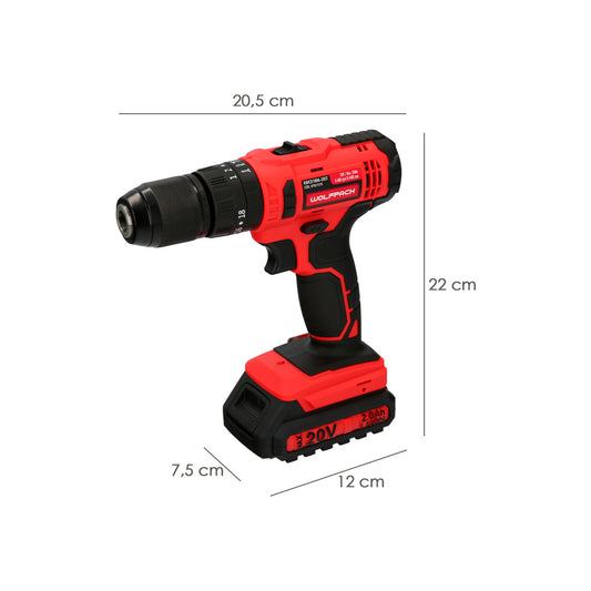 Taladro Atornillador 20 V. Con 2 Velocidades y Percutor. Bateria 2 Ah. Par Apriete 35 Nm.