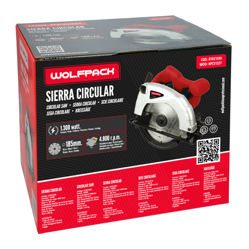 Sierra Circular 1300 Watt. Disco 185 mm. 4.800 RPM Corte a Inglete Con Regulador de Profundidad. Ingletadora, Sierra Madera.