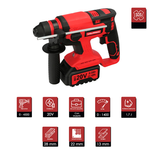 Martillo SDS PLUS A Bateria 20 Volt. Con Bateria 4.0 Ah. 1.400 R.P.M. 3 Funciones Cincelar, Perforar y Perforar con Martillo