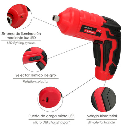 Atornillador 4 V. Con Led, Funda y 5 Destorpuntas, Bateria Recargable USB