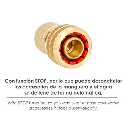 Conector Manguera Con Función STOP Fabricado en Laton  3/4" Hembra, Adaptador Grifo, Conector Grifo A Conector Rapido