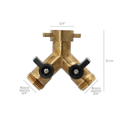 Adaptador Manguera Laton 2 Tomas Macho 3/4", Duplicador Grifo, Adaptador 2 Vias, Entrada 3/4" Hembra