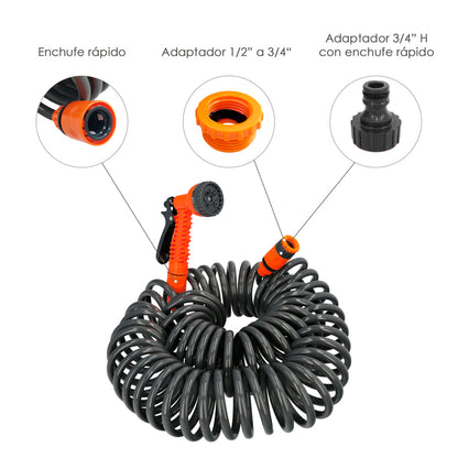 Manguera  Extensible Autoenroscable Espiral 15 Metros Con Pistola y Conectores