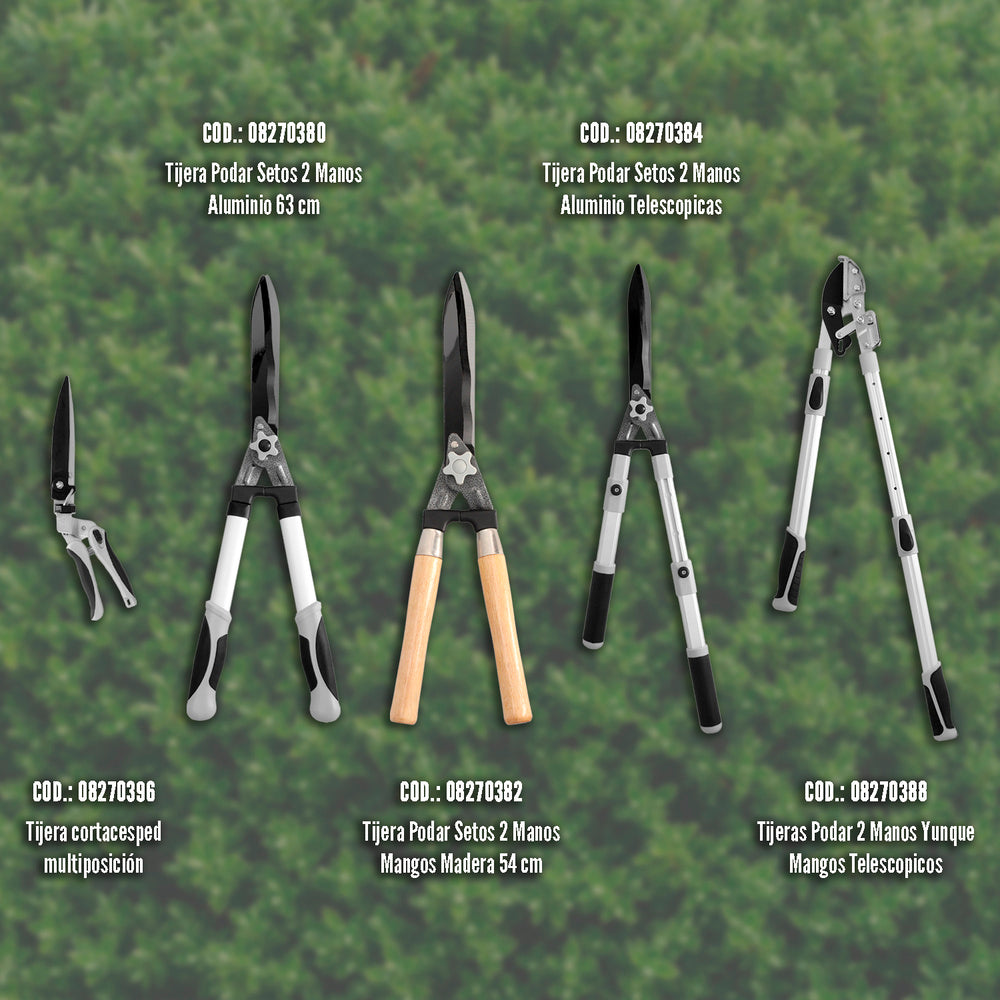 Tijeras Podar Setos 2 Manos Aluminio 63 cm. Hojas Acero Antiadherente, Mango TPR, Ajuste Corte