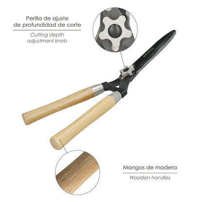 Tijeras Podar Setos 2 Manos Mangos Madera 54 cm. Hojas Acero Antiadherente, Ajuste Corte