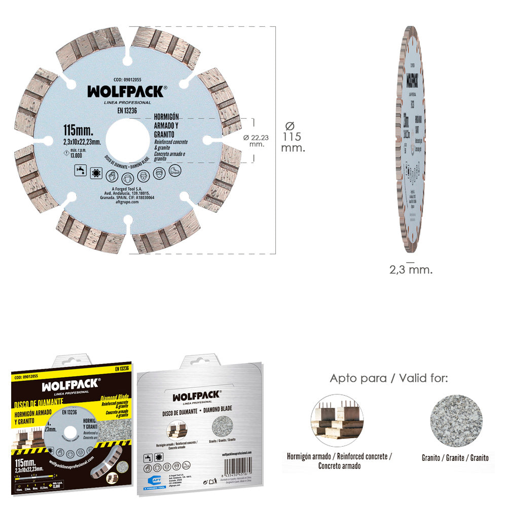 Disco Diamante Hormigon Armado / Granito Ø 115 mm. Segmento Diamantado 10 mm.