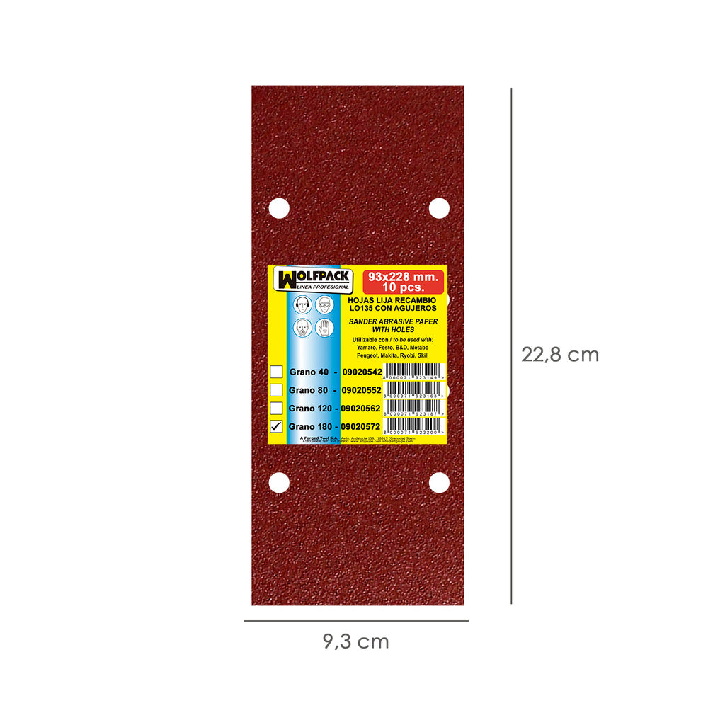 Lija Recambio Con Velcro 93x228 mm. con Agujeros Grano  180 (10 Piezas)