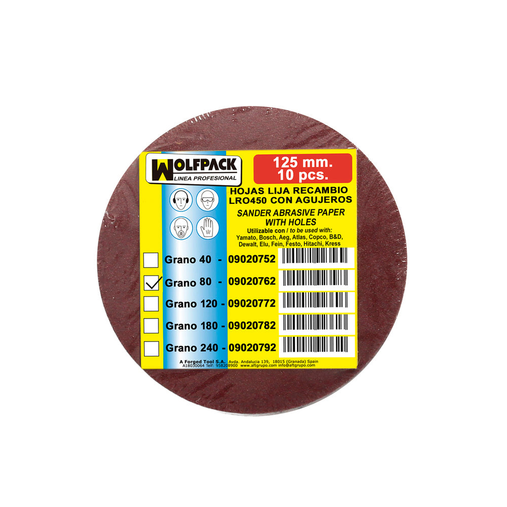Lija Recambio Velcro Disco Ø 125 mm. con Agujeros Grano  80 (10 Piezas)