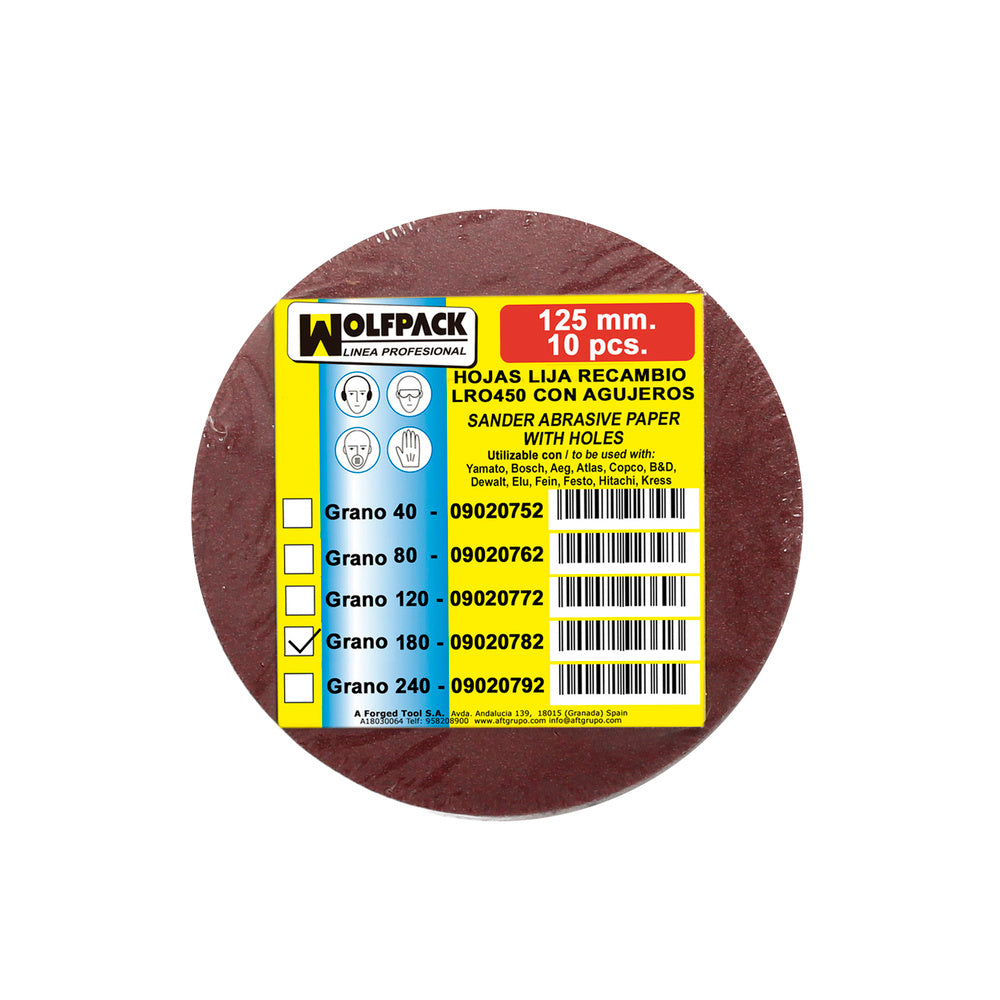 Lija Recambio Velcro Disco Ø 125 mm. Con Agujeros Grano 180 (10 Piezas)