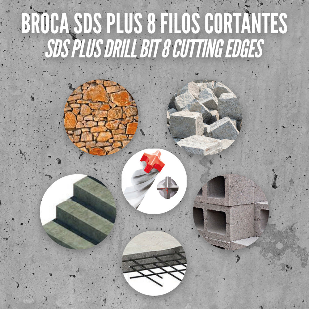 Broca Sds Plus 8 Filos Cortantes Especial Para Hormigon Armado Ø 8 x 210 mm. Broca Paredes, Broca Cimientos, Broca Muros