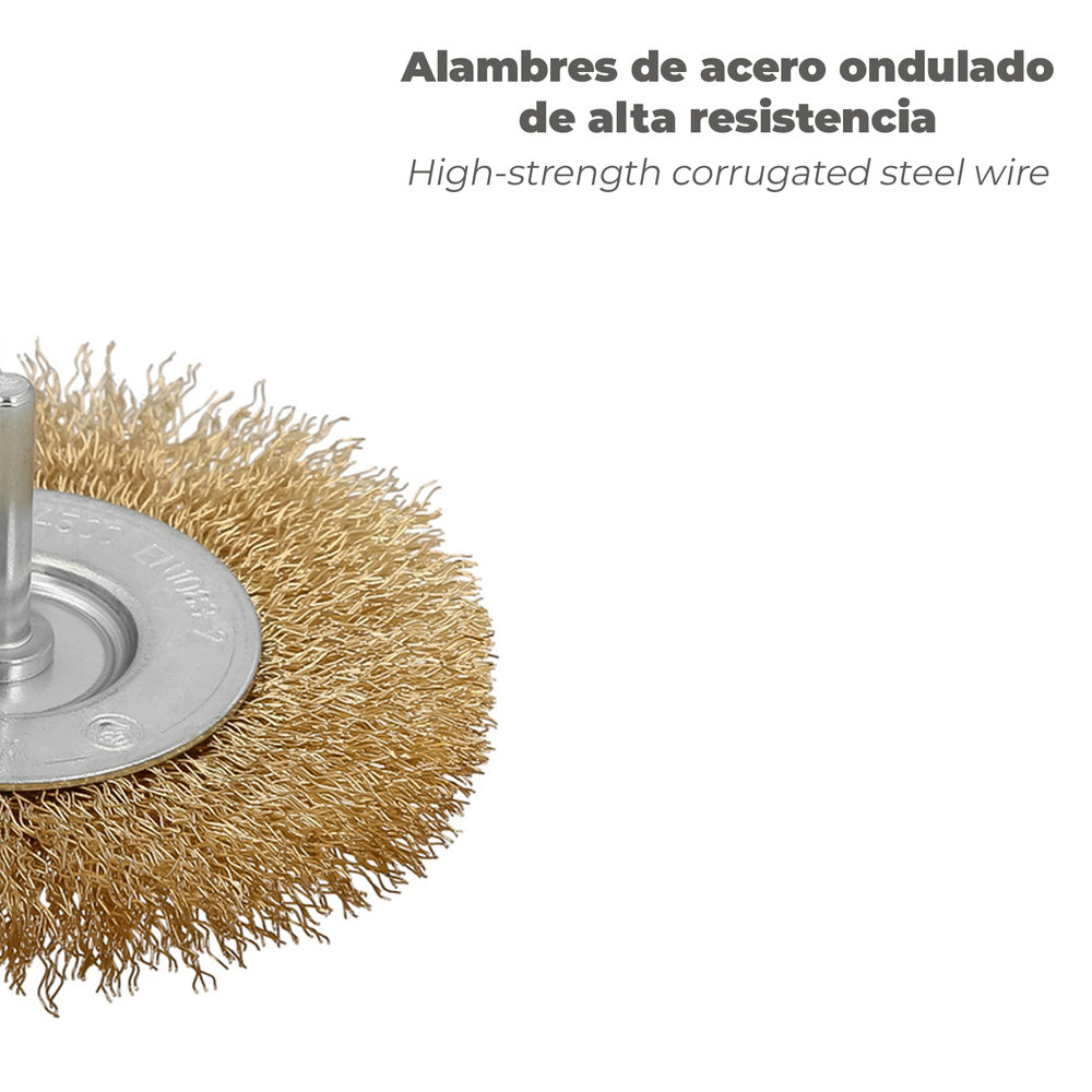 Cepillo Acero Latonado Para Taladro. Disco Ø 75 mm. Espiga 1/4" Cepillo Taladro Alambre Latón, Cepillo Limpieza, Cepillo Pulir.