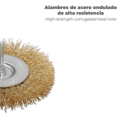 Cepillo Acero Latonado Para Taladro. Disco Ø 100 mm. Espiga 1/4" Cepillo Taladro Alambre Latón, Cepillo Limpieza, Cepillo Pulir.