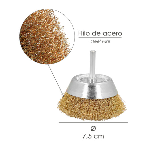 Cepillo Acero Latonado Para Taladro Taza Ø 75 mm. Espiga 1/4" Cepillo Taladro Alambre Latón, Cepillo Limpieza, Cepillo Pulir.