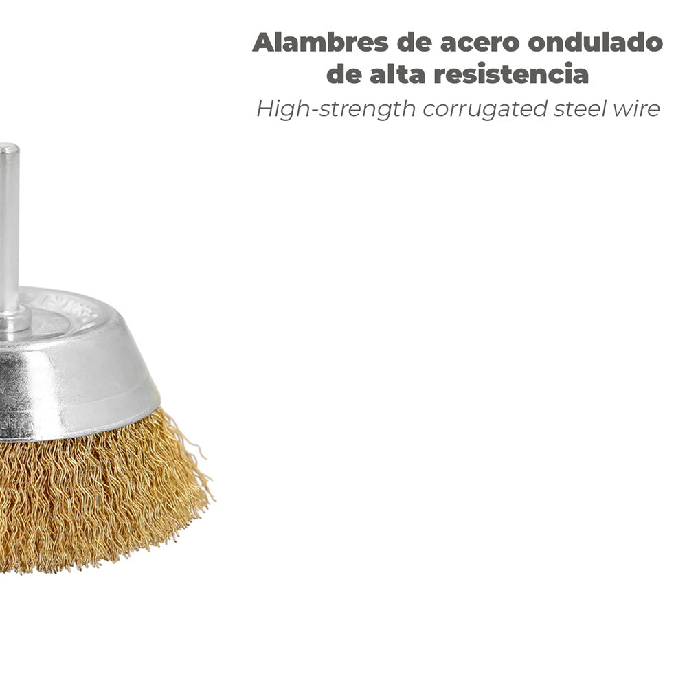 Cepillo Acero Latonado Para Taladro Taza Ø 75 mm. Espiga 1/4" Cepillo Taladro Alambre Latón, Cepillo Limpieza, Cepillo Pulir.