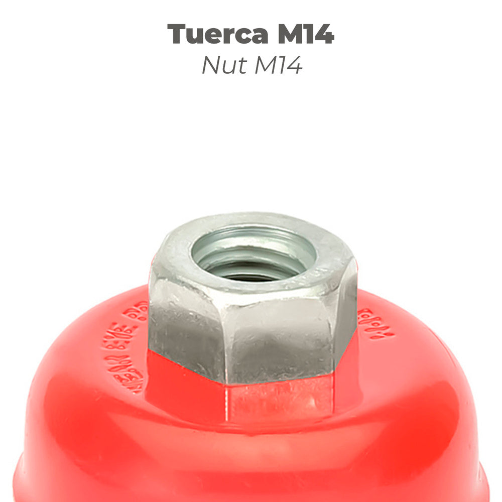 Cepillo Taza Con Alambre De Acero Trenzado Rosca M14, Ø 75 mm. Alambre de Ø 0,50 mm.