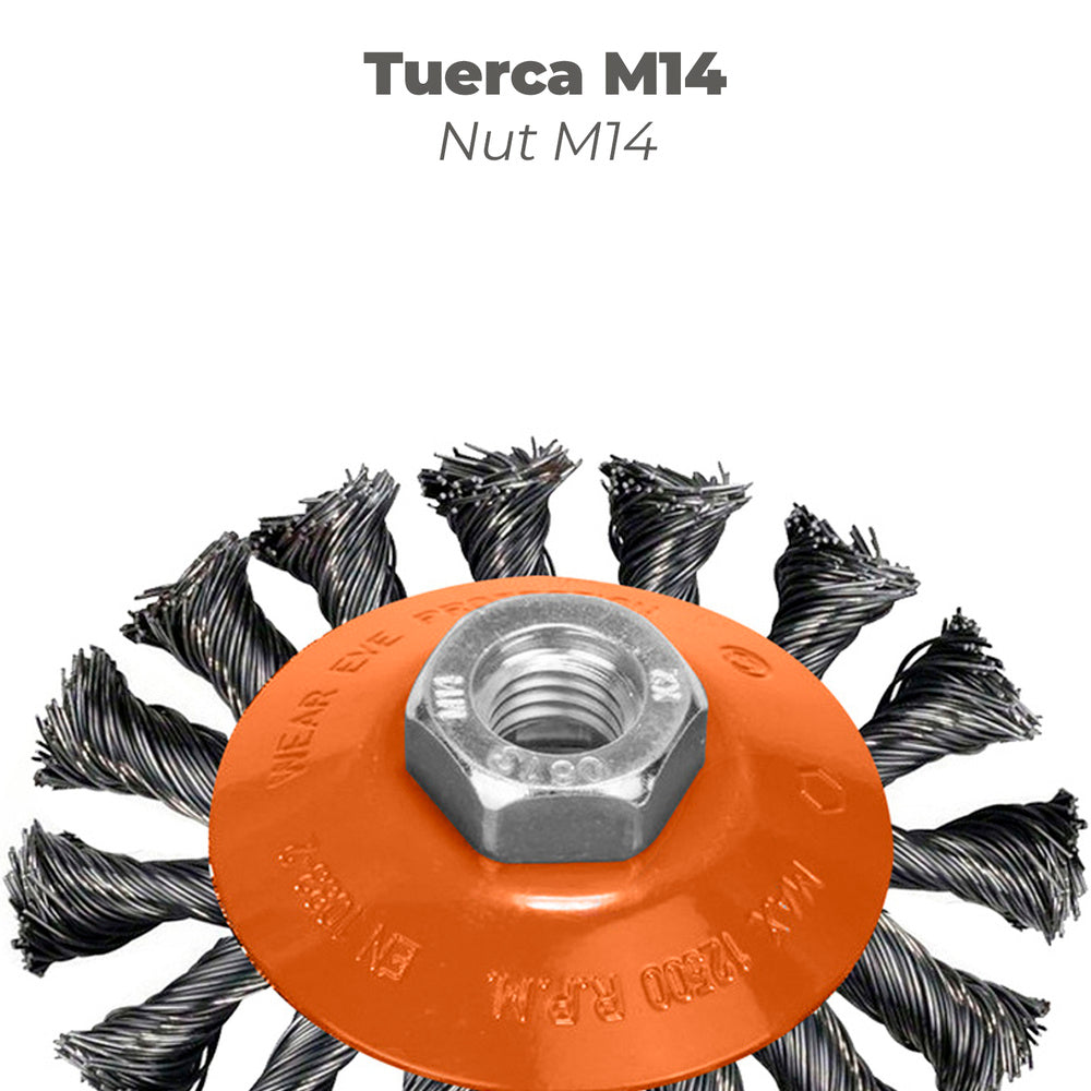 Cepillo Oblicuo Con Alambre De Acero Trenazdo Rosca M14, Ø 100 mm. Alambre de Ø 0,30 mm.
