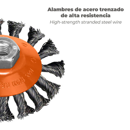 Cepillo Oblicuo Con Alambre De Acero Trenazdo Rosca M14, Ø 100 mm. Alambre de Ø 0,30 mm.