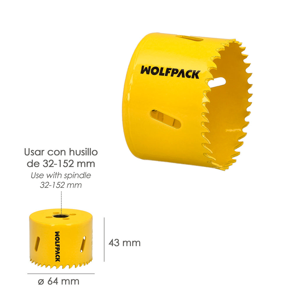 Corona Sierra Bimetal Ø 64 mm. Templado Termico, Base Reforzada. Corona Madera, Broca Agujeros Madera, Acero, Hierro, Plasticos