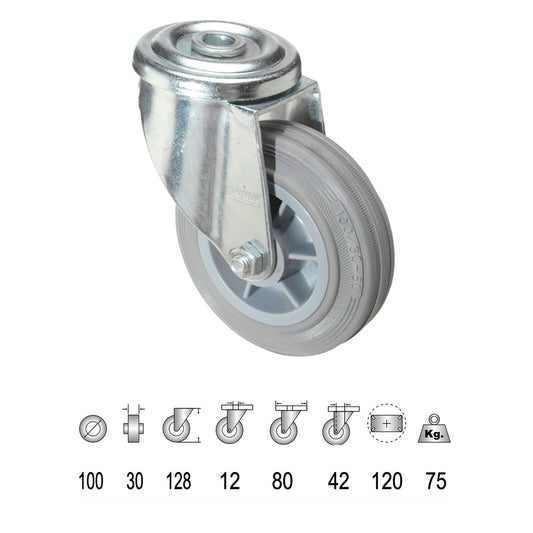 Rueda Industrial Goma Gris Pasante 100 mm.