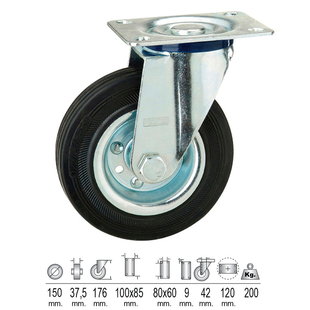 Rueda Industrial Goma Negra Placa  Ø 150 mm.