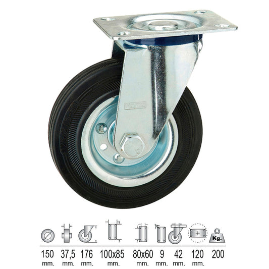 Rueda Industrial Goma Negra Placa  Ø 150 mm.