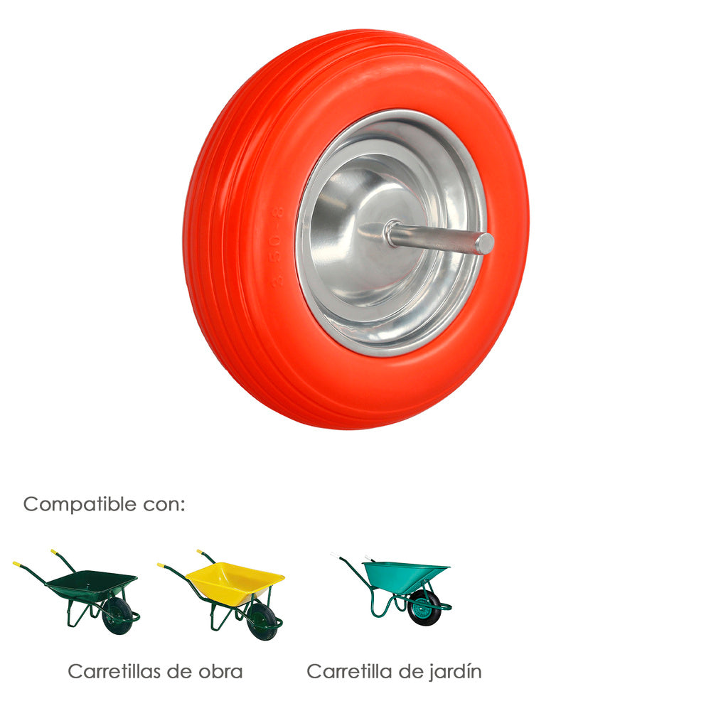 Rueda Carretilla Obra / Jardin Maciza Llanta Acero "Plus" Naranja Impinchable, Para Eje Ø 19 mm Rueda Ø 35 cm