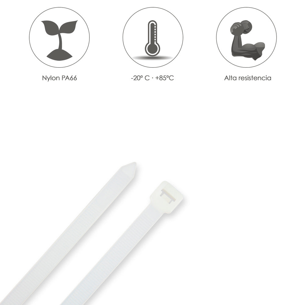 Brida Nylon 100%. Color Blanco / Natural 3,5 x 200 mm. 100 Piezas. Abrazadera Plastico, Organizador Cables, Alta Resistencia