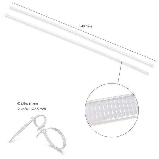Brida Nylon 100%. Color Blanco / Natural 7,8 x 540 mm. 100 Piezas. Abrazadera Plastico, Organizador Cables, Alta Resistencia
