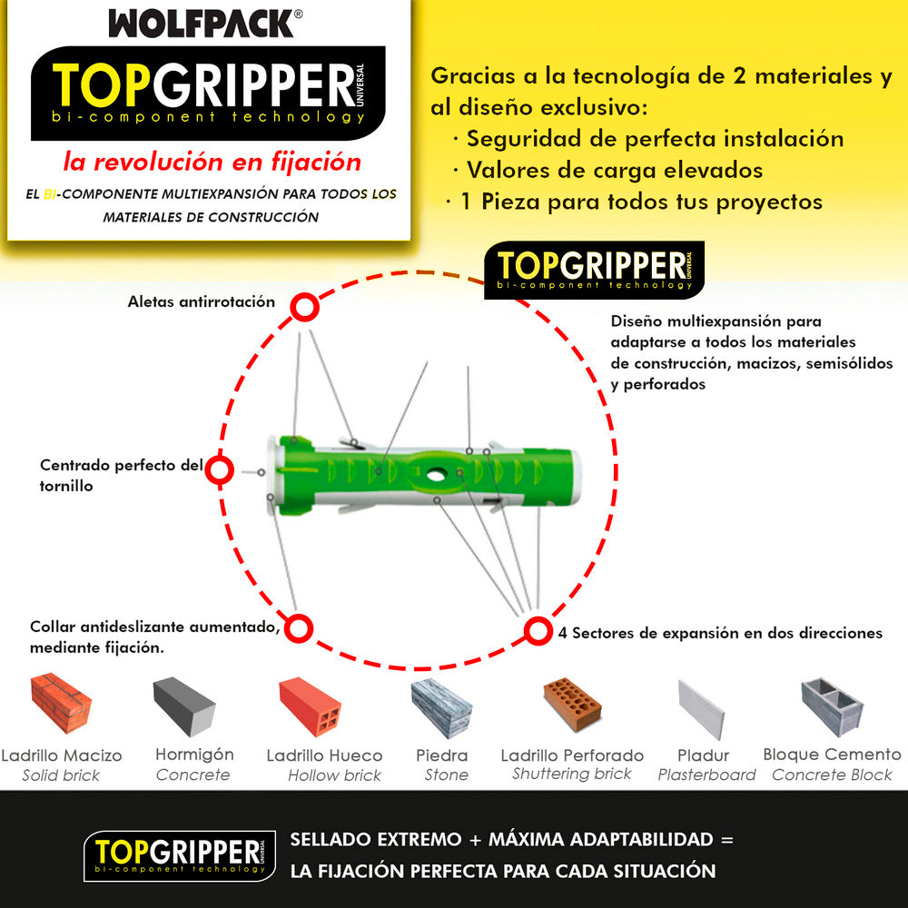 Taco Topgripper Bimaterial Ø 10 mm. (Caja 75 unidades) Taco Anclaje Universal, Taco Hormigon, Taco Pladur, Taco Ladrillo