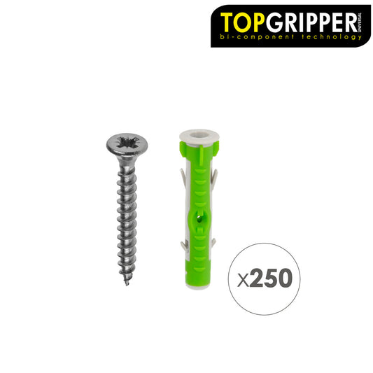 Cubo Tacos Topgripper Bimaterial Con Tornillos Ø 6 mm. 250 Piezas Taco Anclaje Universal, Taco Hormigon, Taco Pladur