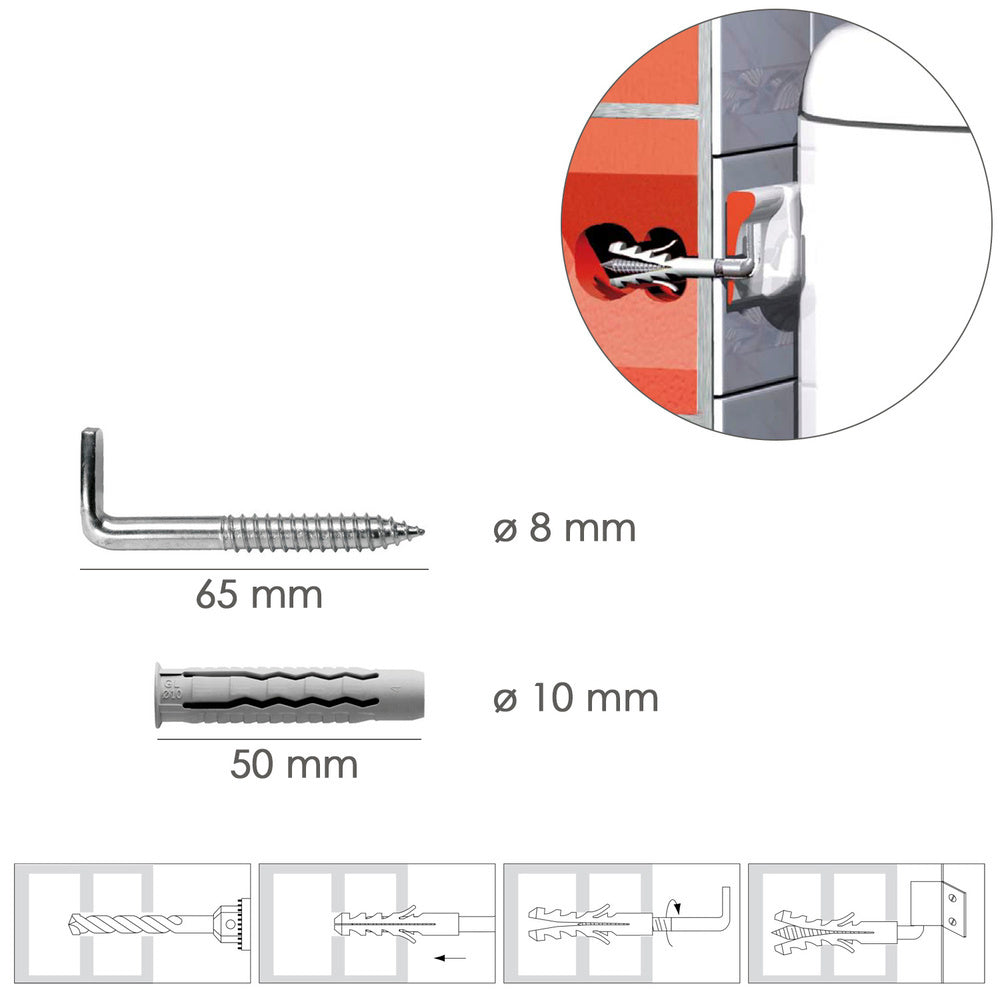 Kit Sanitario Alcayata Con Taco Ø 10 x 50 mm. Fijación Calentadores / Termos De Agua