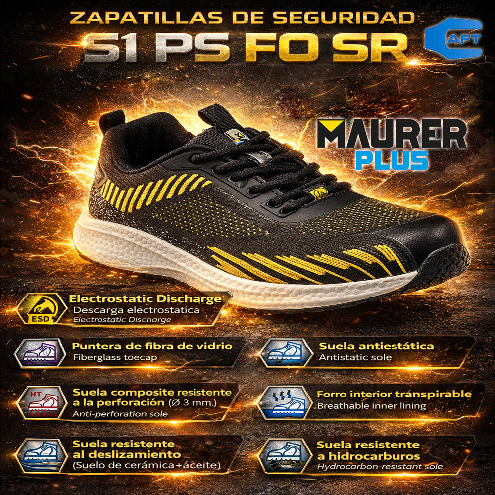 Deportiva Seguridad Maurer S1 Modelo Lusitania Antideslizante con suela y puntera antiperf Resistente a los Hidrocarburos Nº 40