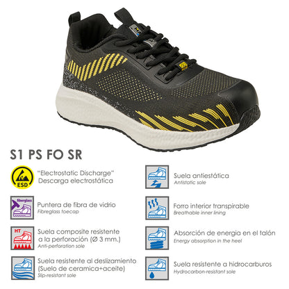 Deportiva Seguridad Maurer S1 Modelo Lusitania Antideslizante con suela y puntera antiperf Resistente a los Hidrocarburos Nº 44