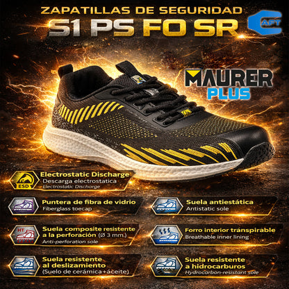 Deportiva Seguridad Maurer S1 Modelo Lusitania Antideslizante con suela y puntera antiperf Resistente a los Hidrocarburos Nº 46
