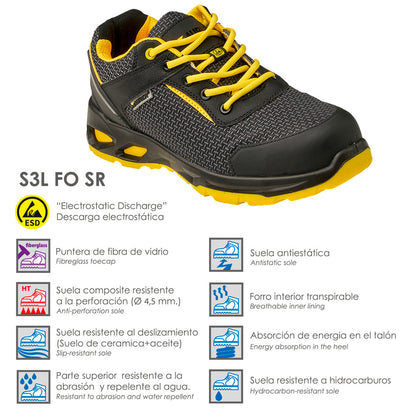Zapatos Bajo Seguridad Maurer S3L Modelo Amerina Antideslizante con Suela Composite y Resistencia a los Hidrocarburos Talla 43
