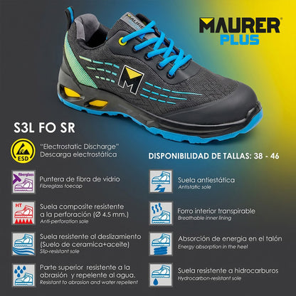 Deportiva Seg. Maurer S3L Modelo Lapis Antideslizante con suela y puntera antiperforación Resistente a los Hidrocarburos Nº 42.