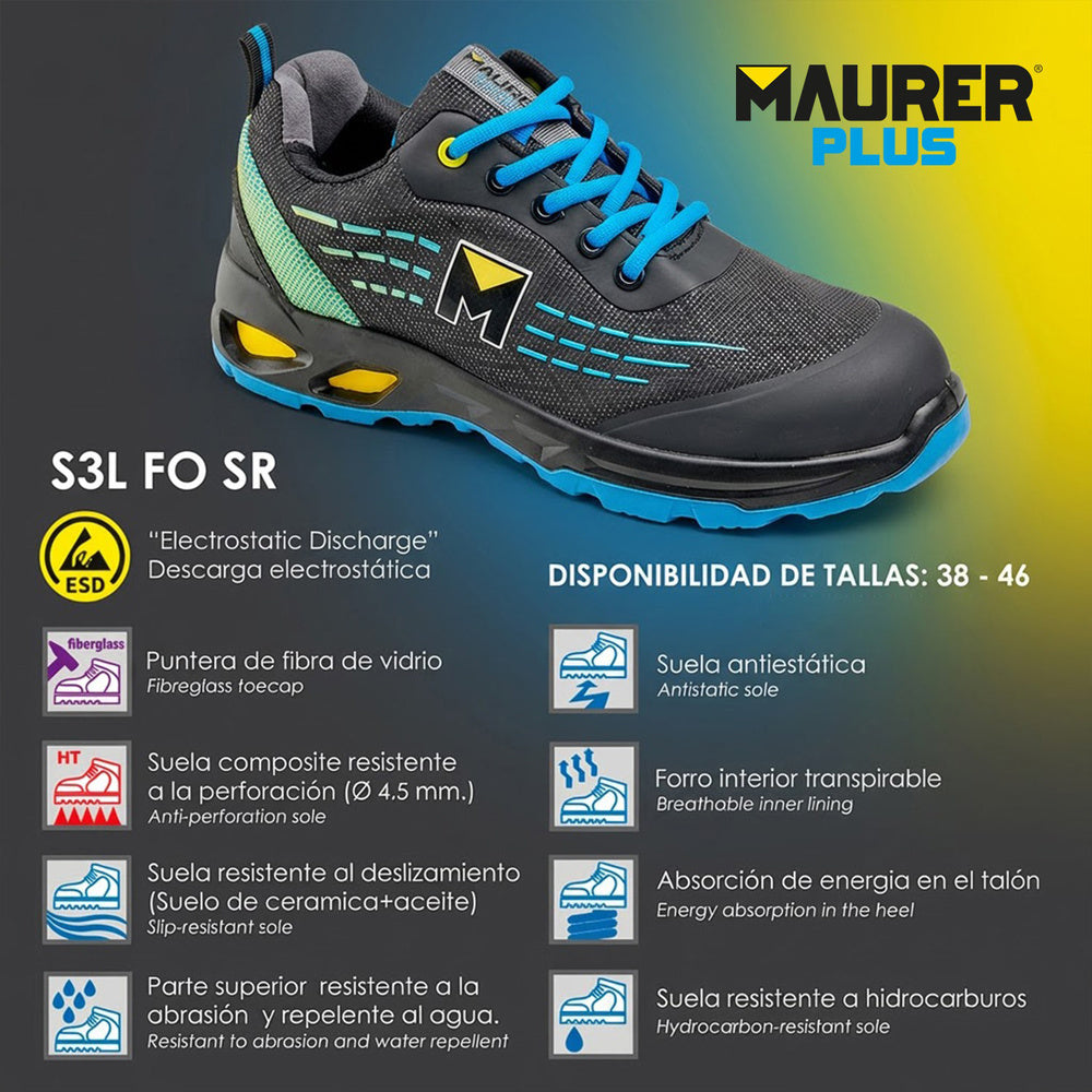 Deportiva Seg. Maurer S3L Modelo Lapis Antideslizante con suela y puntera antiperforación Resistente a los Hidrocarburos Nº 43.