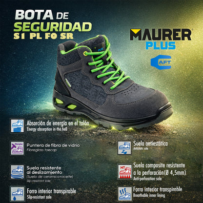 Botas Seguridad Maurer S1 Modelo Arlaz Antideslizante con suela y puntera antiperforación, Resistencia a los Hidrocarburos Nº 38