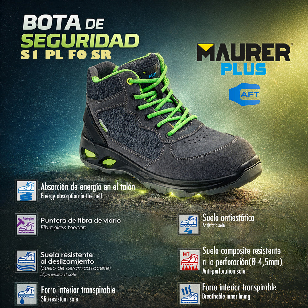 Botas Seguridad Maurer S1 Modelo Arlaz Antideslizante con suela y puntera antiperforación, Resistencia a los Hidrocarburos Nº 46