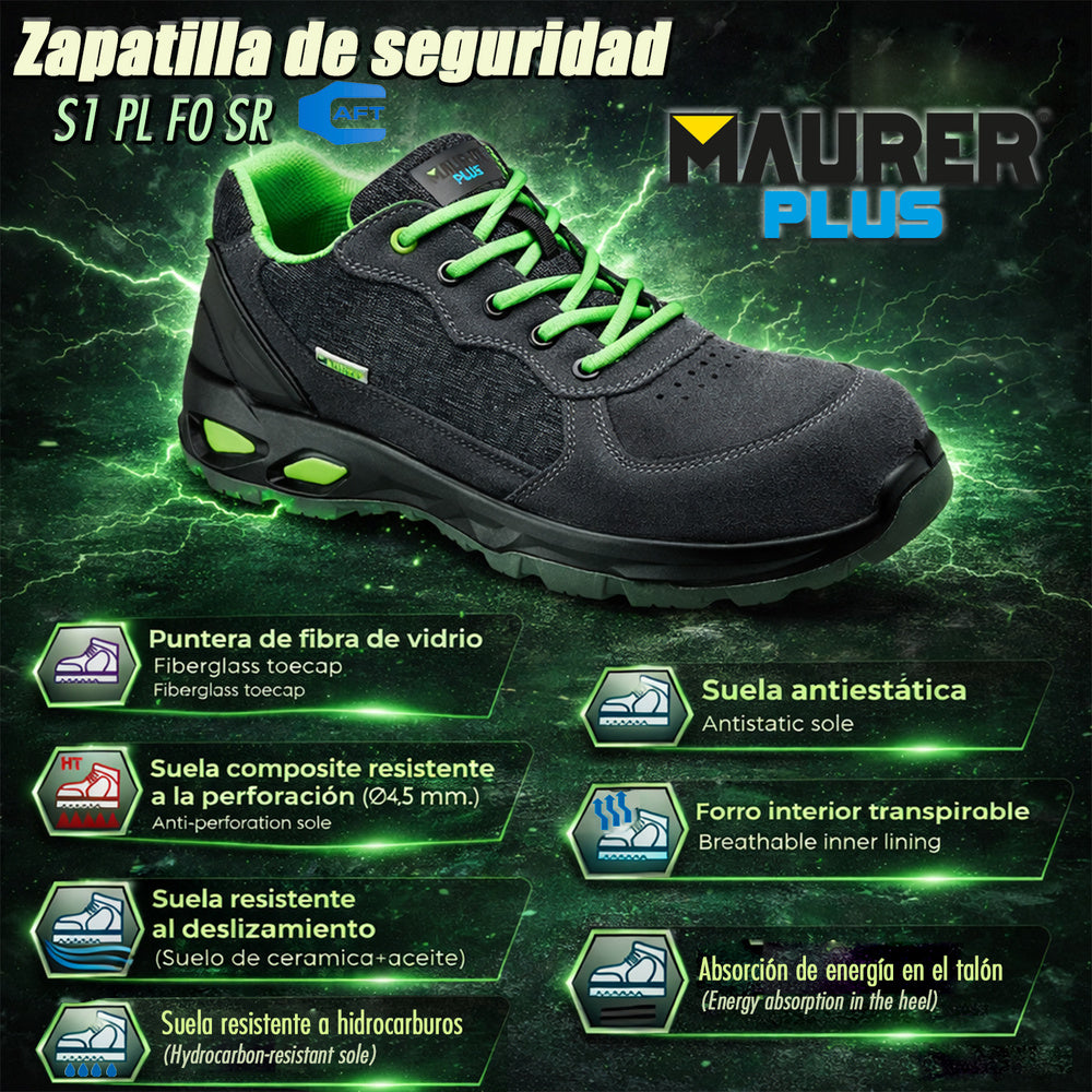 Zapatos Seguridad Maurer S1 Modelo Arlaz Antideslizante con Suela Composite y Resistencia a los Hidrocarburos. Talla 43.