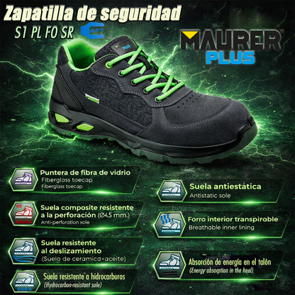 Zapatos Seguridad Maurer S1 Modelo Arlaz Antideslizante con Suela Composite y Resistencia a los Hidrocarburos. Talla 43.