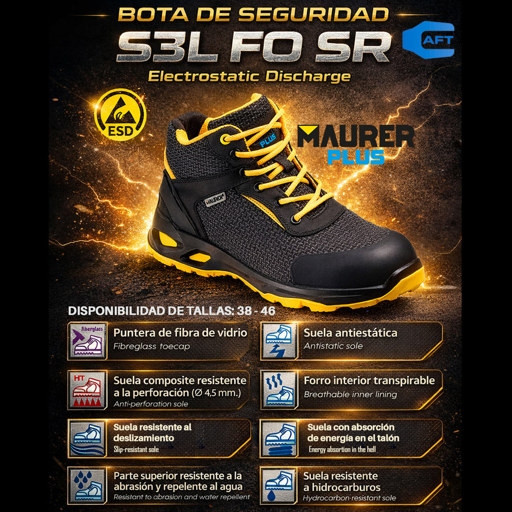 Botas Seguridad Maurer S3 Modelo Amerina Antideslizante con Suela Resistente a los Hidrocarburos. Talla 42.