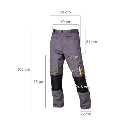 Pantalones Largos DeTrabajo, Multibolsillos, Resistentes, Rodilla Reforzada, Gris/Amarillo Talla 38/40 S (Slim Fit)
